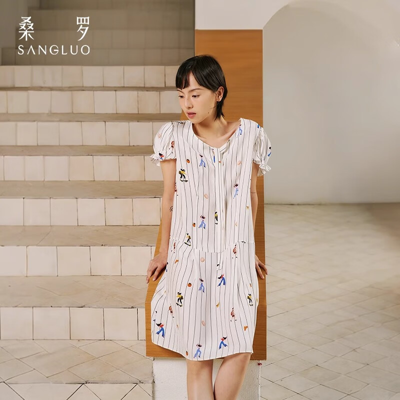 桑羅真絲條紋短袖襯衫裙女中長(zhǎng)款25年春夏新品俏皮童趣印花睡裙 象牙白早安印花 M