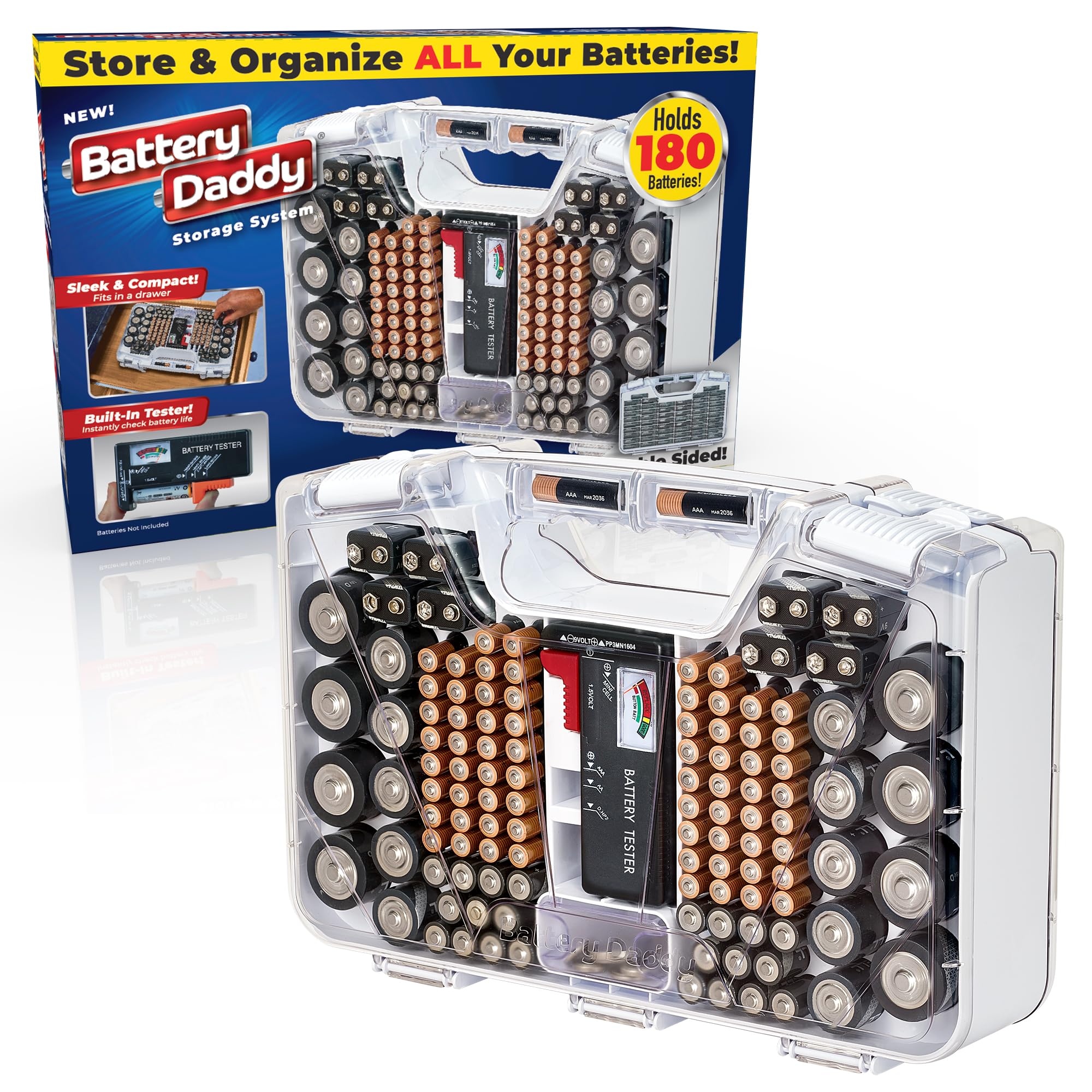 OntelBattery Daddy - 带测试仪的电池收纳盒,可存放和保护多达 180 节电池,透明锁盖,如电视上所见 - 白色
