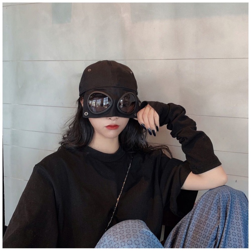 婕婕珂儿鸭舌帽自带墨镜夏女韩版防晒卡通可爱飞行员眼镜帽子猫耳朵