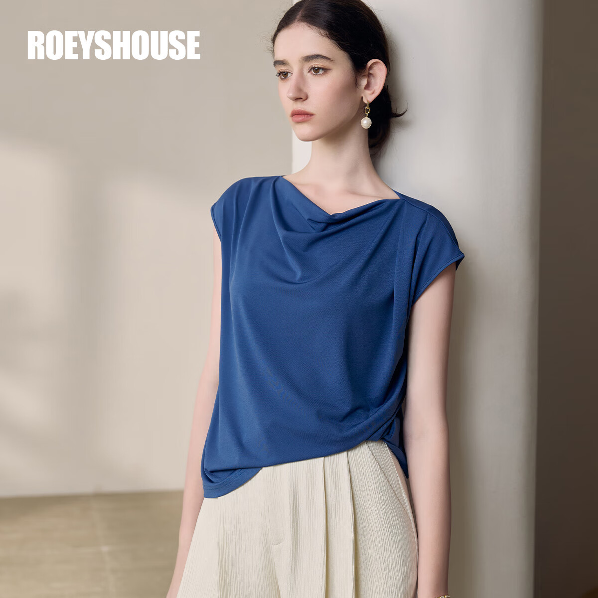 ROEYSHOUSE罗衣气质褶皱深蓝色针织T恤女2025夏季新款时尚百搭短袖上衣12054 深蓝色 M