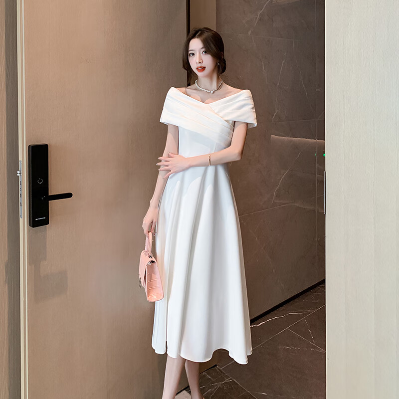 創(chuàng)京懿選法式一字肩晚禮服氣質(zhì)新娘訂婚連衣裙平時(shí)可穿白色登記領(lǐng)證禮服女 白色 S