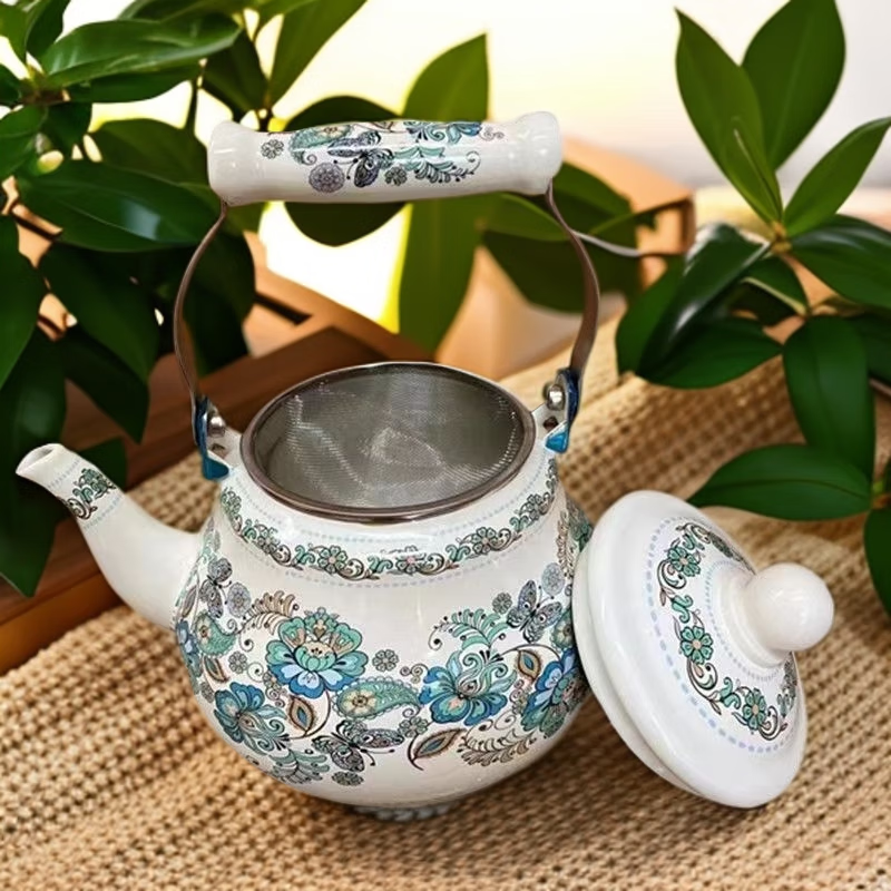 畫音琺瑯搪瓷壺燒水壺奶茶壺煮花茶夏天熬藥壺電磁爐明火通用 美不勝收-梨形壺-帶過濾網3斤水容量 1.5L 1L以上