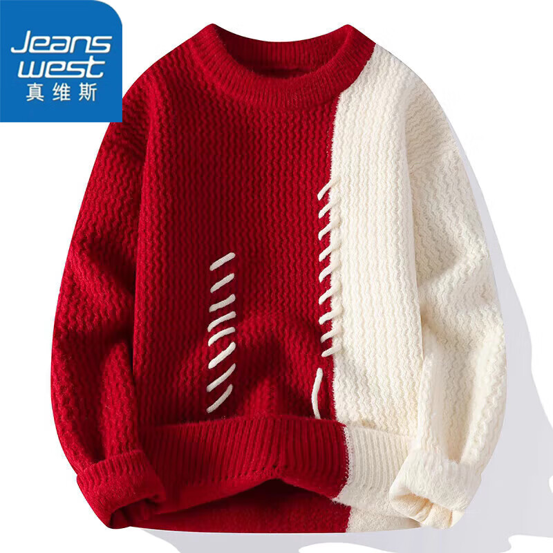 真维斯本命年红色毛衣男士装秋冬季新款外穿加厚保暖打底针织衫上衣服 10719/WE24526红色 XL (175)