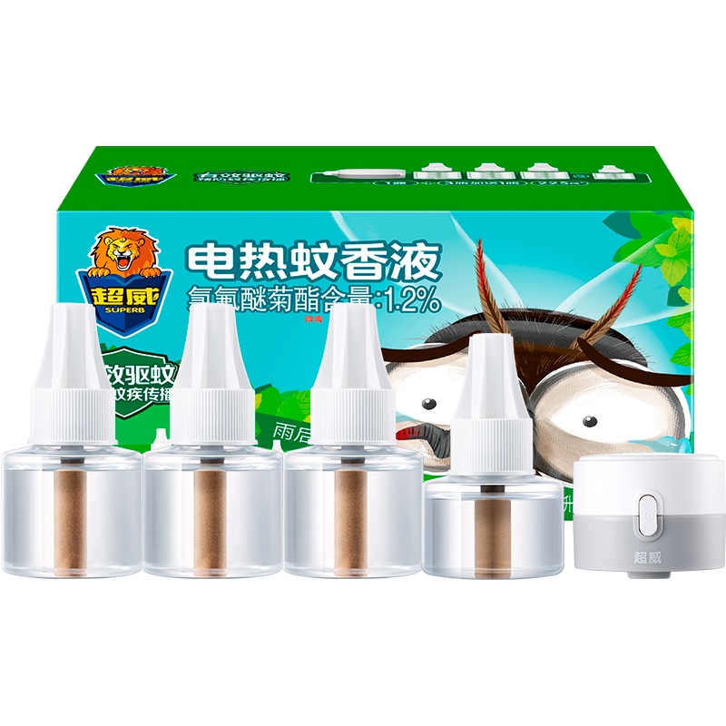 超威（SUPERB）電熱蚊香液驅(qū)蚊液家用薄荷香滅蚊器加熱器補充液 4瓶1器（225晚）