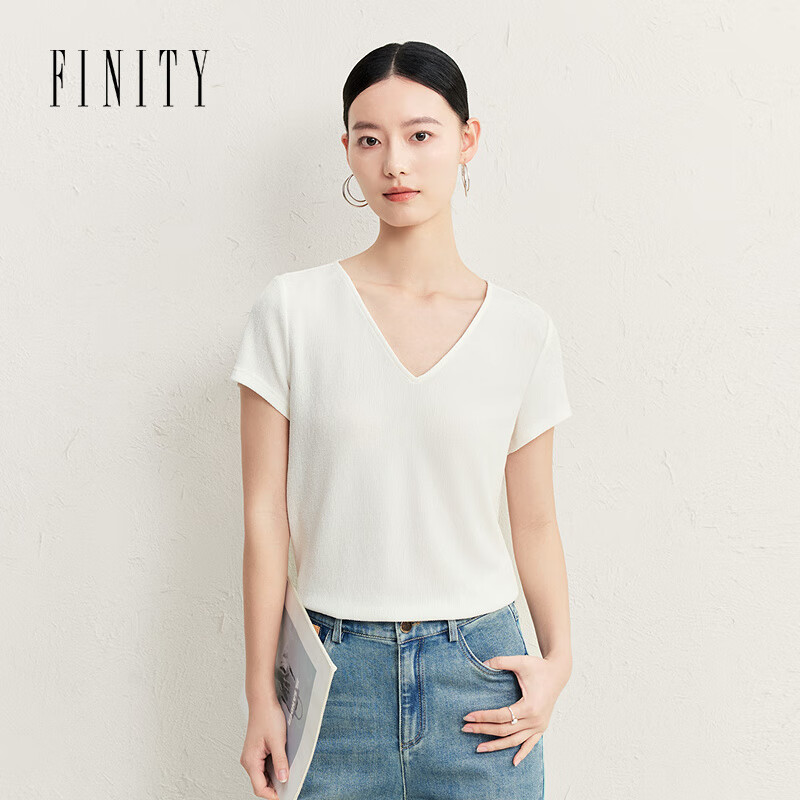 菲妮迪（FINITY）T恤2025年夏季新款简约V领百搭减龄短袖套头上衣女 白色 XL