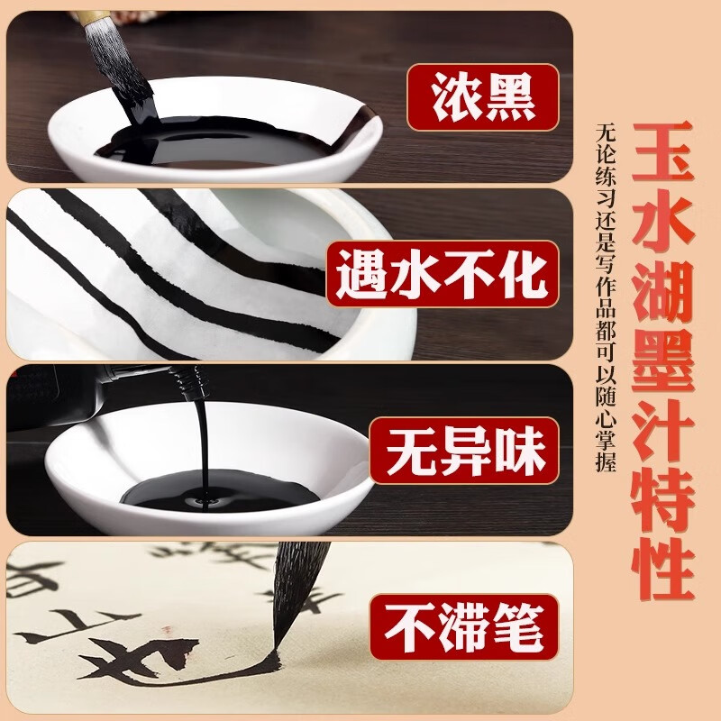 玉水湖墨汁书法专用玉水湖墨水毛笔大瓶国画书画批发黑墨汁墨池钢笔油烟工地用速干初学者练习砚台墨斗 新款精制墨汁500g