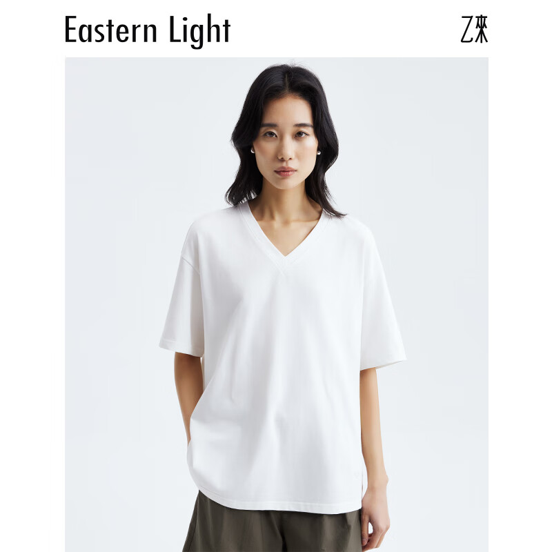 乙来(EASTERN LIGHT)2026夏季新款女装廓形V领短袖T恤衫上衣黑白色显瘦潮流宽松内搭 纯净白 L 京东折扣/优惠券