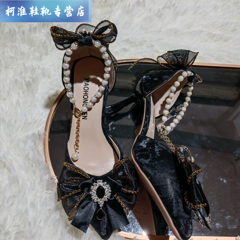 花嫁高跟鞋优雅精致洛丽塔尖头婚鞋 黑色大珍珠扣6cm高跟