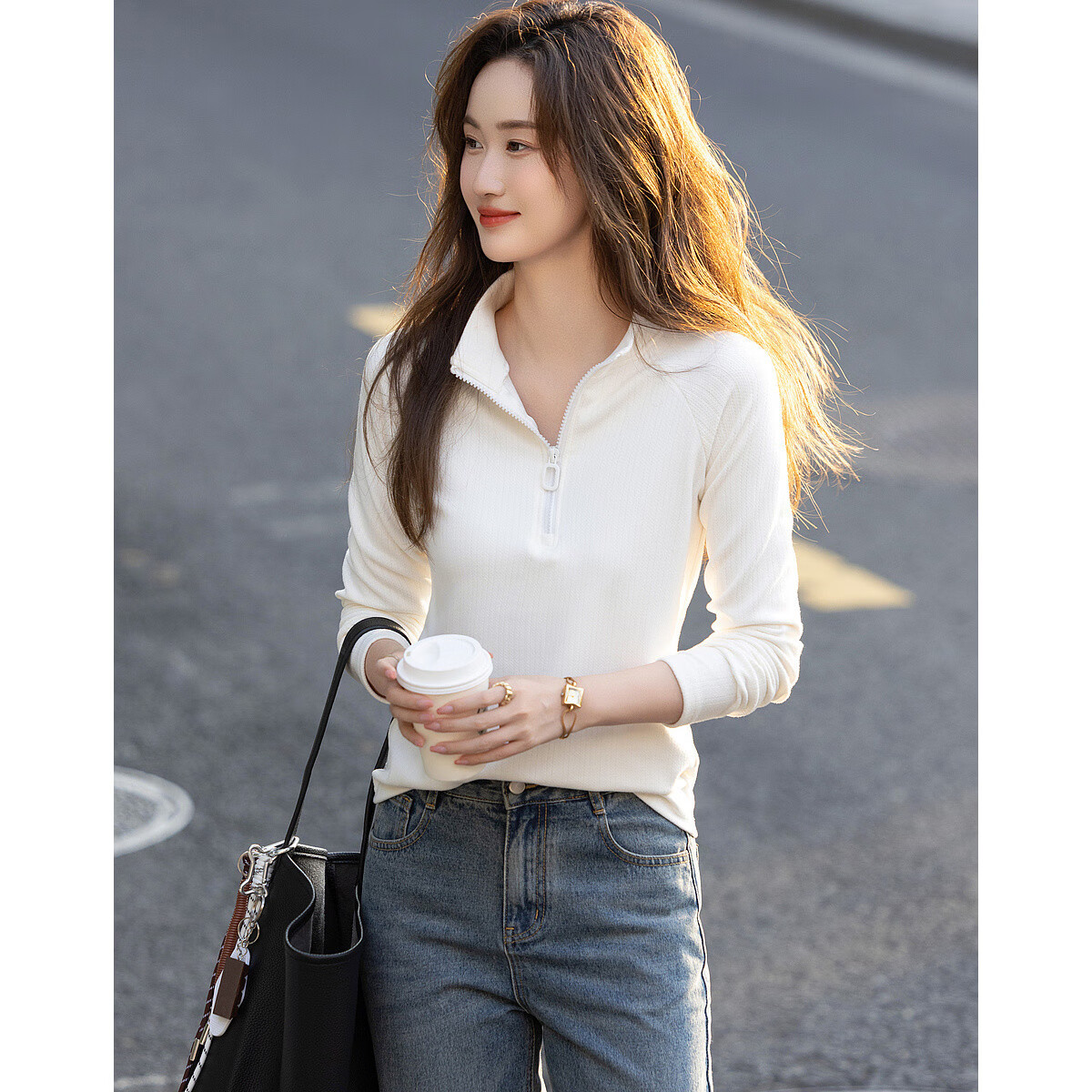 德玛纳【韩里韩气】秋私藏打工人穿搭立领长袖舒适遮肉休闲女式t恤