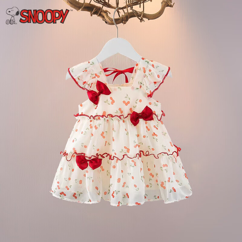 史努比（SNOOPY）女童連衣裙夏季2025新款小女孩洋氣周歲禮服公主裙兒童裝碎花裙子 車?yán)遄有〖t裙 73 cm