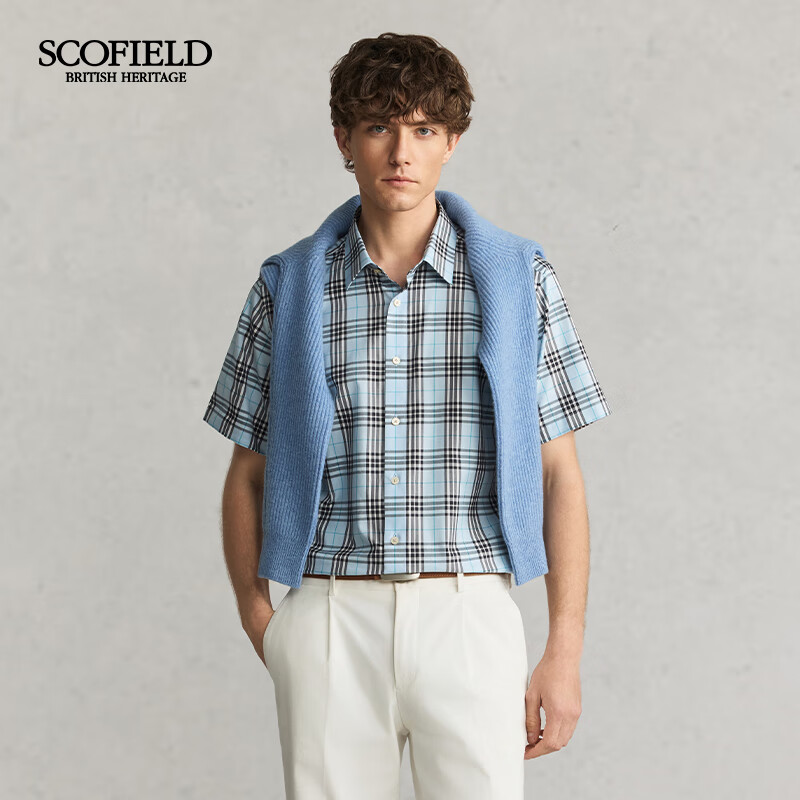 Scofield男士25夏季新品舒适棉质时尚休闲通勤经典格纹短袖衬衫 蓝色 L (175)