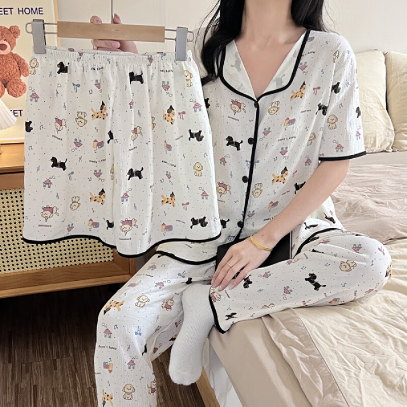 睦隆世家云朵棉夏季短袖3件套 开衫女士睡衣家居服套装 SW783 M