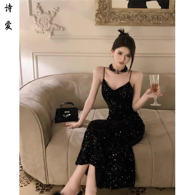 咚憬闪闪亮片吊带连衣裙女2025春季新款感修身黑色晚礼服长裙 黑色 S