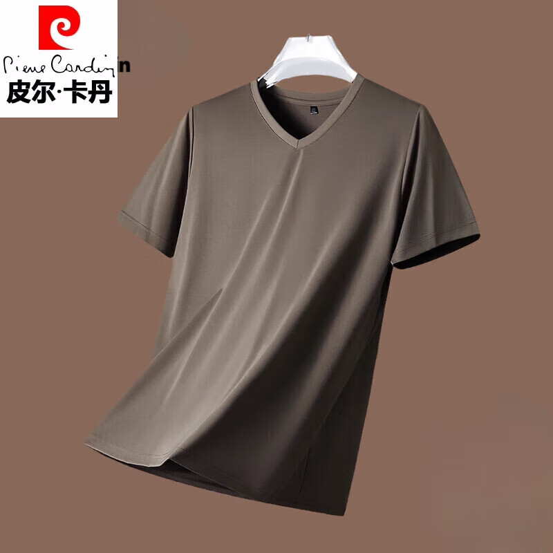 皮尔卡丹（pierre cardin）含桑蚕丝短袖t恤男士夏季凉感垂感无痕圆领体恤衫 卡其【3311】V.领 XL 175【适合体重135-155斤】