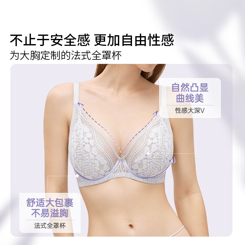 奶糖派嫣语2.0法式蕾丝兔耳全罩杯大胸显小内衣防下垂防凸点文胸送女友 法式超薄-白色 【全罩杯性感】 75C