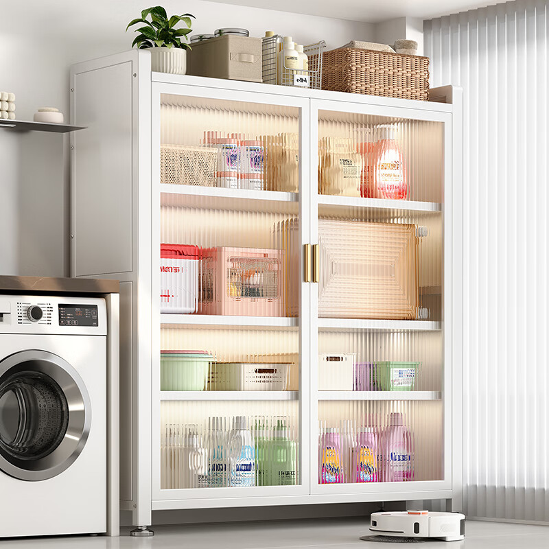 美厨物语厨房置物架落地餐边柜多层收纳柜储物柜橱柜碗柜微波炉烤箱用具架 白【双开门】6层*60长/层高可调