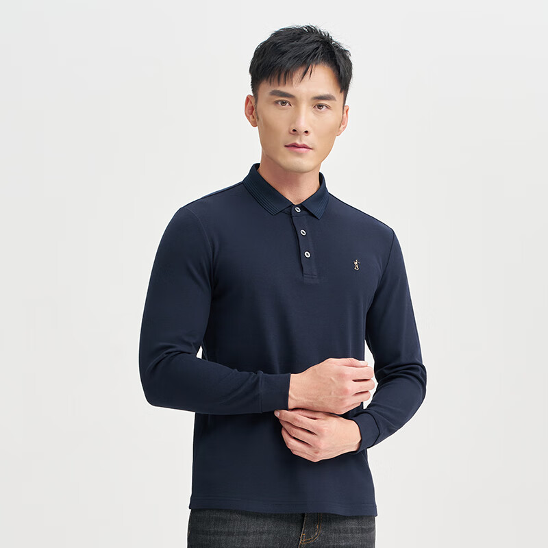 才子（TRIES）【易打理】长袖T恤男2025春季新款桑蚕丝中青年翻领纯色POLOT恤衫 深蓝色 2XL 52(180/96A)