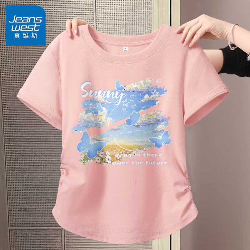 真维斯（JEANSWEST）蓝色短袖女t恤夏季2025新款多巴胺抽皱收腰半袖韩版小众短款上衣 粉色 蝴蝶花田 2XL