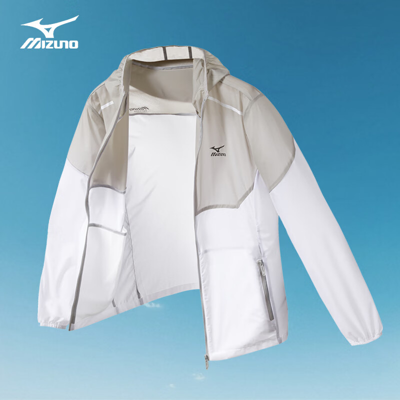 美津浓（MIZUNO）防晒衣男户外皮肤衣夹克开衫外套 白色/灰色 L