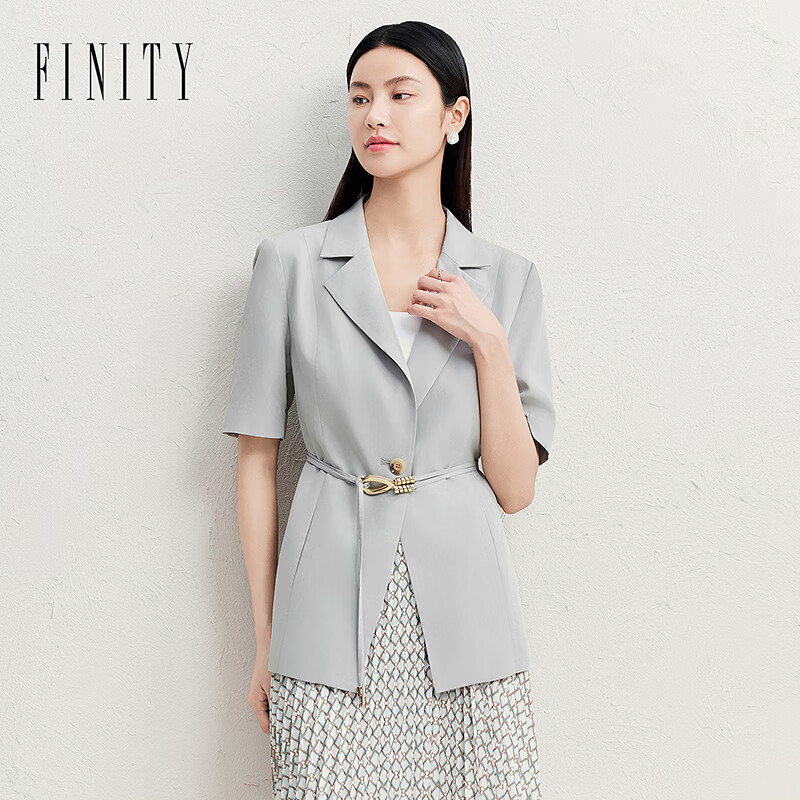 菲妮迪（FINITY）西装2025夏季新款简约气质职业通勤显瘦百搭外套女 浅灰色 XL