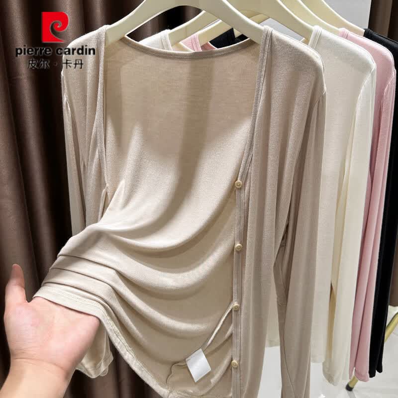 皮尔卡丹(pierre cardin)莫代尔披肩防晒衣女装胖mm夏季外搭皮肤衣罩衫V领开衫薄外套 奶咖色 XL 建议120-140斤