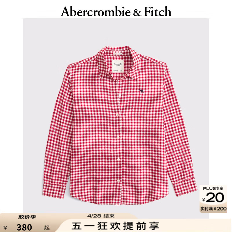 ABERCROMBIE & FITCH女裝25春夏新款經(jīng)典小麋鹿LOGO氣質(zhì)亞麻混紡長(zhǎng)袖襯衫KI140-5160 紅格子 S (165/92A)