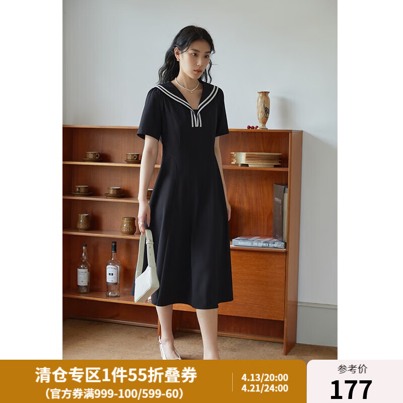 獨(dú)束大碼女裝通勤復(fù)古海軍領(lǐng)學(xué)院風(fēng)連衣裙女夏季微胖mm正肩顯瘦小黑裙 優(yōu)雅黑-長款 L