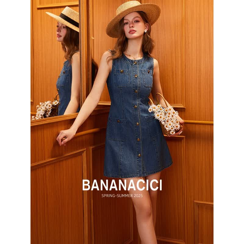banana cici2025年夏季新款简约水洗牛仔短裙休闲无袖背心连衣裙C252LY568 蓝色 S