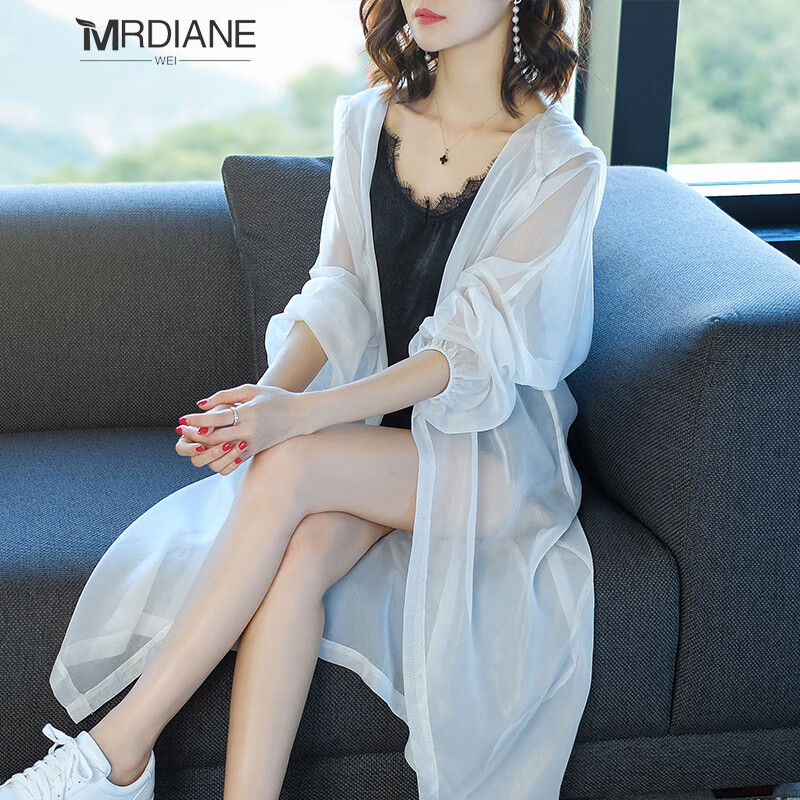 Mrdiane wei雪紡防曬衣開衫女襯衫中長(zhǎng)款寬松空調(diào)衫連帽帽外套 白色  均碼 