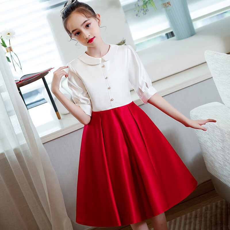 歐瑟芙鋼琴禮服女童高端蓬蓬裙生日中小學(xué)生小主持人演出服合唱服公主裙 娃娃領(lǐng)學(xué)生裙-紅色- 110 cm建議體重25-35均碼