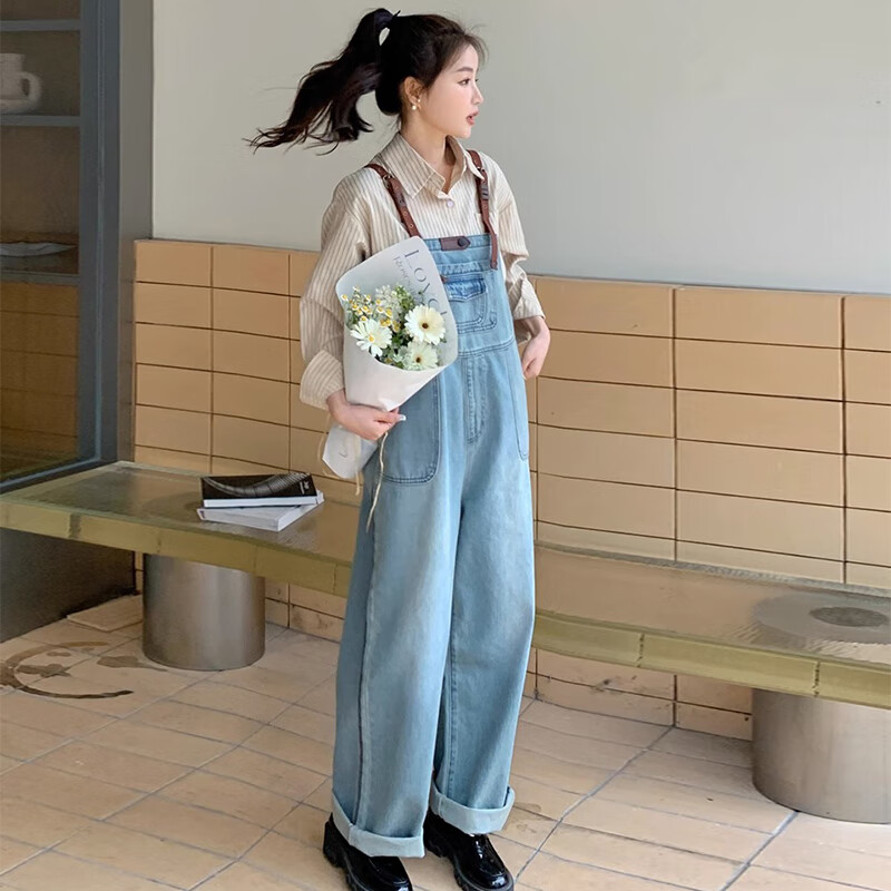 勤度胖妹妹加肥加大碼背帶褲女200斤大碼裝胖mm秋秋梨型身材高腰小個 藍色褲子[煙管褲/梨型身材穿搭/ S [80-95斤]