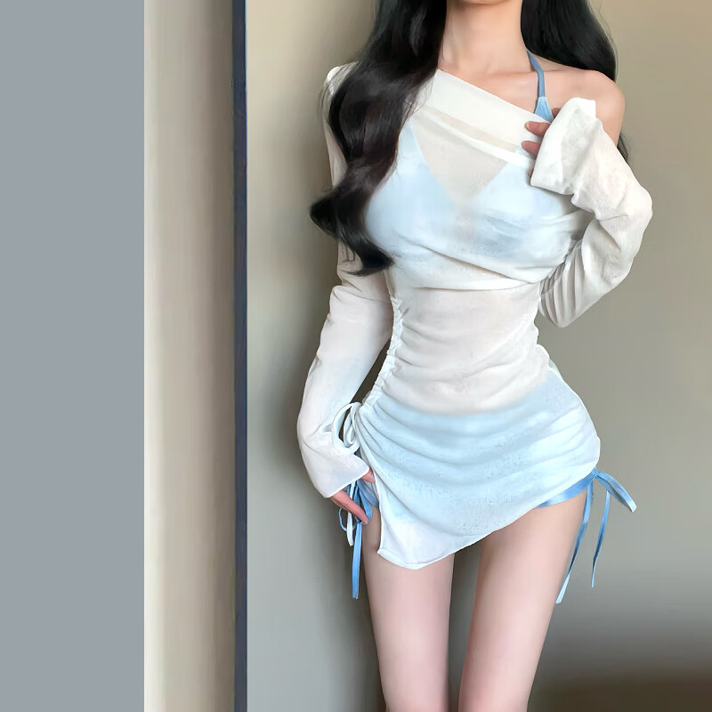 巧丂比基尼女泳衣新款海边温泉性感复古牛仔长袖罩衫分体度假泳装 浅蓝罩衫三件套【80斤-120斤】