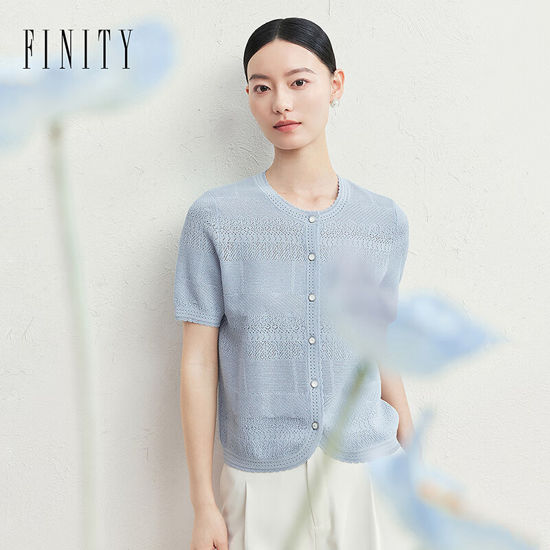 菲妮迪（FINITY）2025年夏季短袖宽松针织衫 蓝色 L
