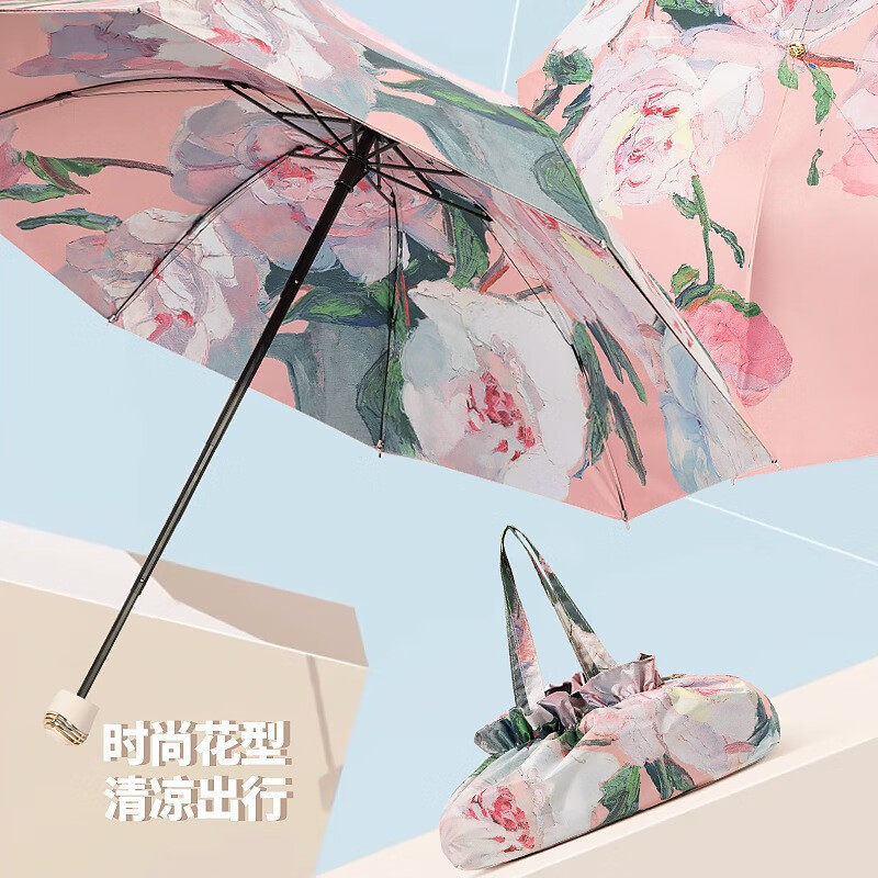 AILUKI日本2025新款超强防晒双层遮阳伞防紫外线upf50女生高颜值黑胶伞 粉芍药-手动双层八骨黑胶伞(送手