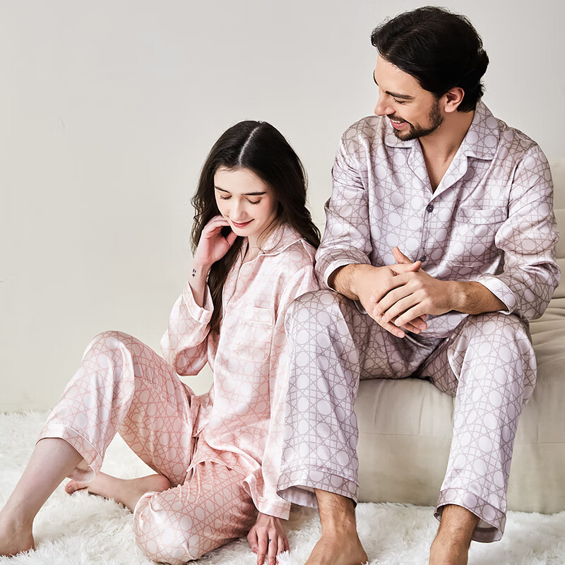 江南故事真丝睡衣女100%桑蚕丝美肤减龄情侣丝绸家居服长袖套装礼物秋冬 灰色【男款】 2XL