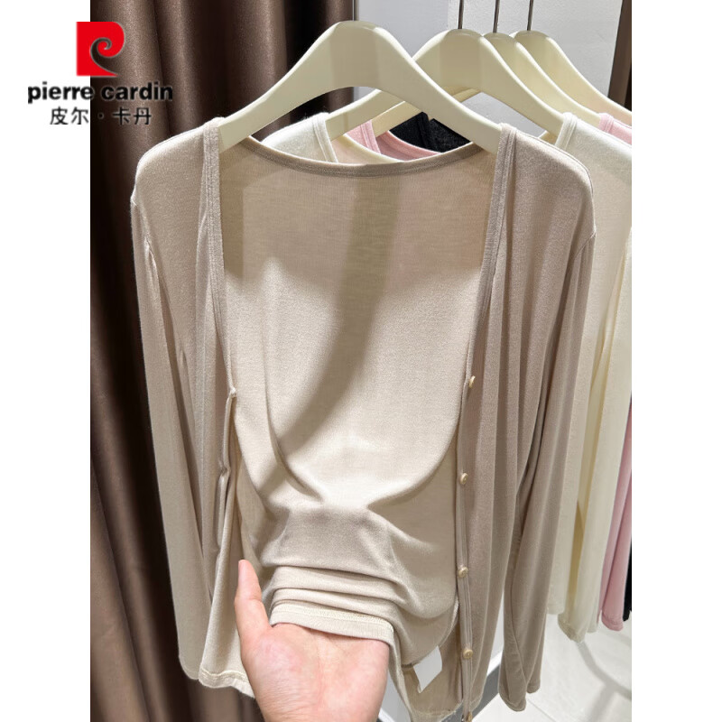 皮尔卡丹(pierre cardin)莫代尔披肩防晒衣女装胖mm夏季外搭皮肤衣罩衫V领开衫薄外套 奶咖色 XL 建议120-140斤