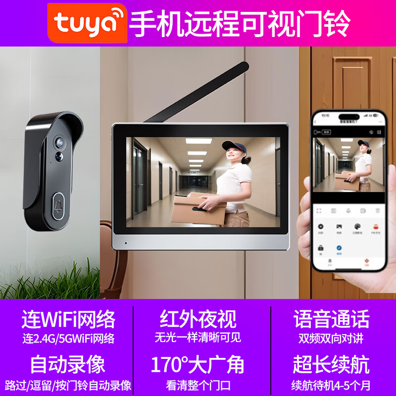HKMW家用无线可视门铃带显示屏猫眼门口对讲视频无需WiFi提醒器摄像头夜视录像监控免打孔 【防水款 广角170度】手机远程语音通话可视门铃+ 无内存卡