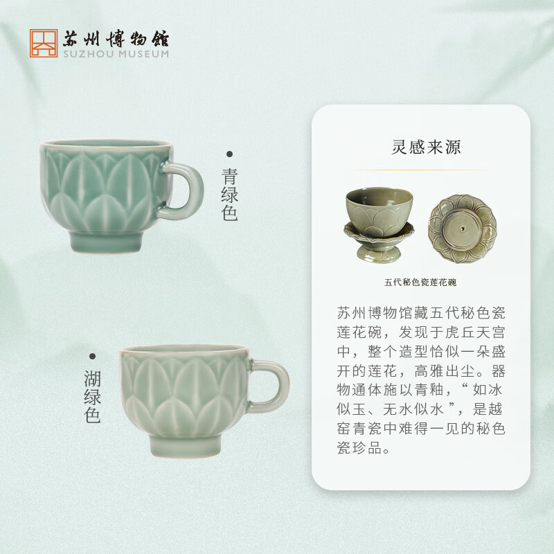 苏州博物馆青瓷莲花杯秘色莲花碗创意陶瓷杯水杯茶杯商务礼品送女友生日礼物 莲花杯+杯垫(青绿色)