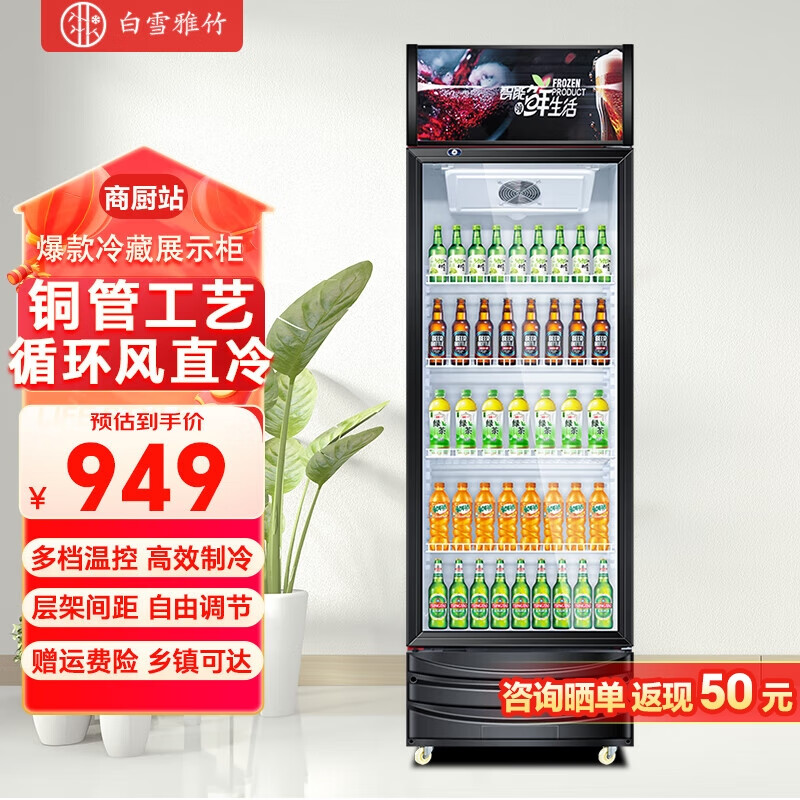 白雪雅竹展示柜冷藏大容量饮料柜冰柜商用保鲜柜超市玻璃门冰箱立式
