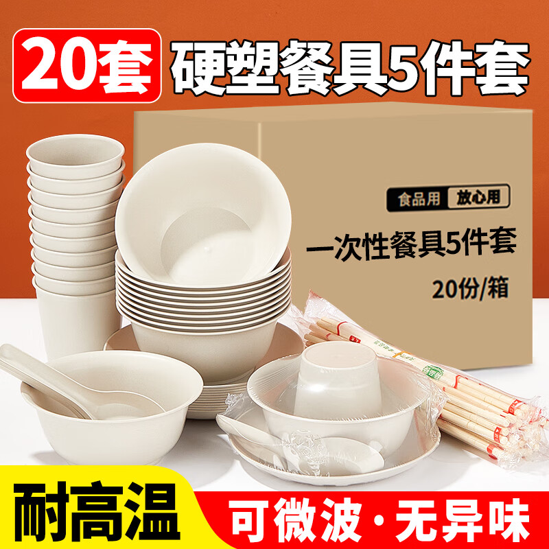 优奥一次性餐具套装20套(碗+杯子+盘子+勺子+筷子)五件套户外聚餐套装