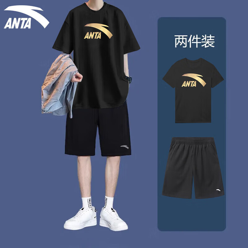 安踏（ANTA）运动套装男夏季新款跑步短袖运动服套装基础舒适速干健身训练衣服 基础黑-金/黑 M