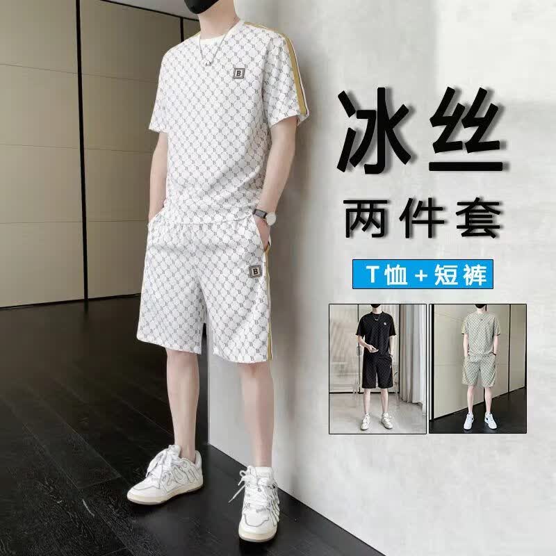 洛科驰夏季新款轻奢满印冰丝短袖t恤男士休闲套装男装搭配一套痞帅成熟 258短白色套装 M