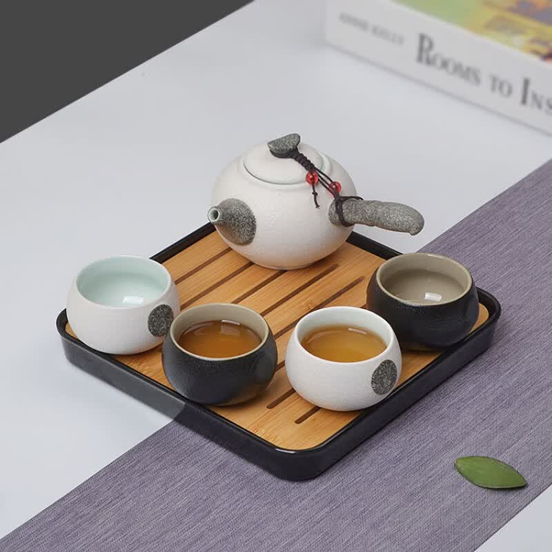 整套陶瓷家用一壶四杯小茶具套装快客旅行便携包茶盘店 中侧把黑白+茶盘+茶叶罐