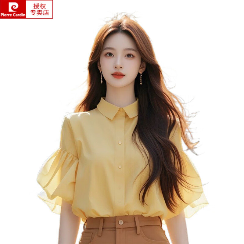 皮尔卡丹（pierre cardin）法式高级感黄色翻领衬衫女夏设计感独特漂亮小衫别致减龄半袖上衣 黄色【专柜品质 】 XL