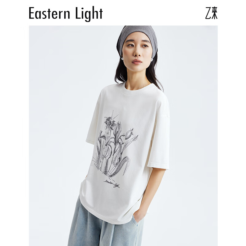 乙来（EASTERN LIGHT）2026夏季新款手绘鸢尾印花短袖T恤女装上衣显瘦潮流可外穿气质 纯净白 S