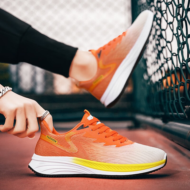 男鞋运动鞋青少年学生网面透气户外运动鞋轻便潮流百搭休闲 桔色wz113