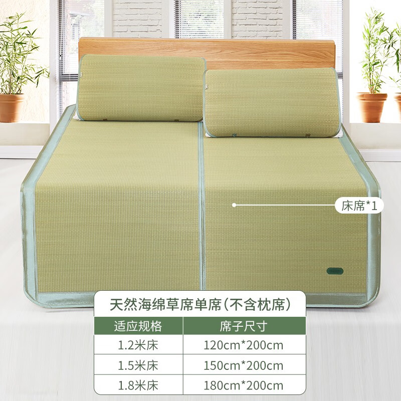 黃古林 涼席1.8m米床天然海綿草藺草可水洗折疊學(xué)生宿舍單雙人席子 經(jīng)典海綿草席單席無(wú)枕片 1.2m4英尺床