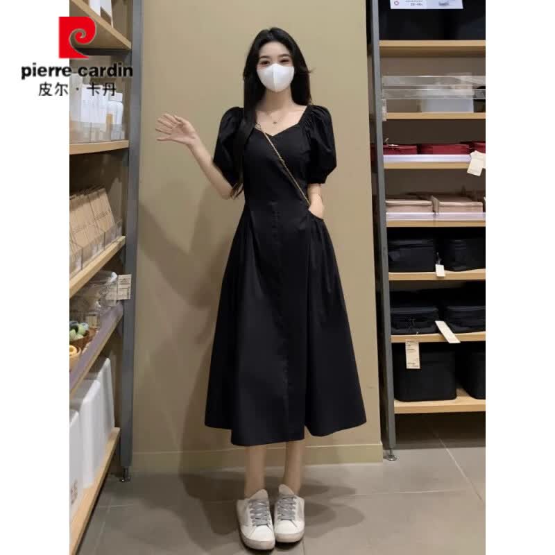 皮尔卡丹(pierre cardin)黑色赫本风收腰连衣裙女夏季大码胖mm遮肉显瘦法式v领长裙子 黑色 2XL (建议140-160斤)