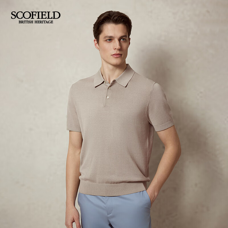 Scofield男士25年春季新款舒适桑蚕丝短袖时尚polo款针织衫毛衣 卡其色 XL (180)