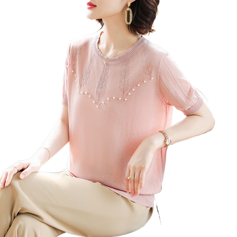 蘭鉑麗斯中年媽媽夏裝短袖套裝夏季新款50歲60年輕婆婆寬松小衫冰絲上衣服 粉色 XXL （建議130-145斤）